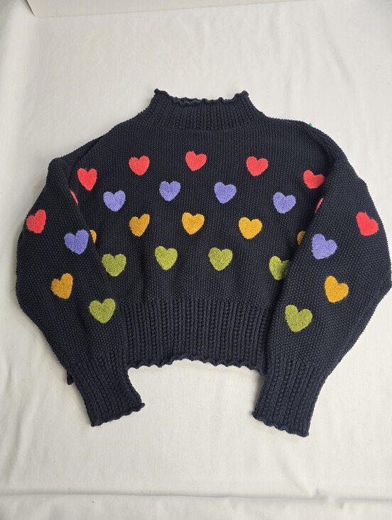 Anthropologie Sweaters - Anthropologie Black Multicolor Heart Sweater Mock Neck Chunky Knit Hearts